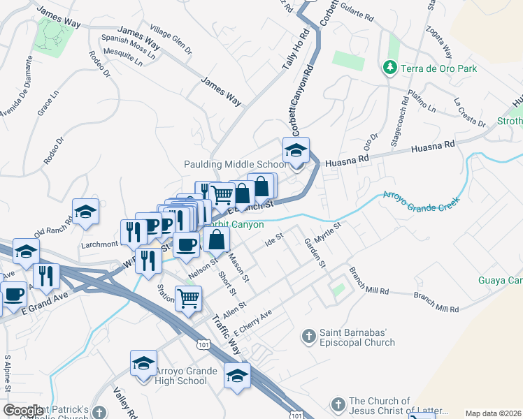 map of restaurants, bars, coffee shops, grocery stores, and more near 539 East Branch Street in Arroyo Grande