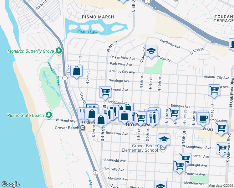 map of restaurants, bars, coffee shops, grocery stores, and more near 580 Newport Avenue in Grover Beach