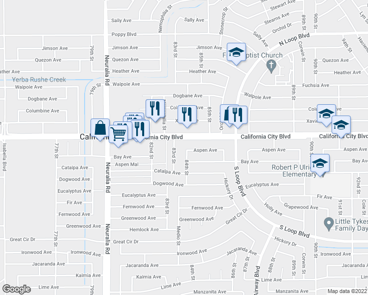 map of restaurants, bars, coffee shops, grocery stores, and more near 8373 Aspen Avenue in California City