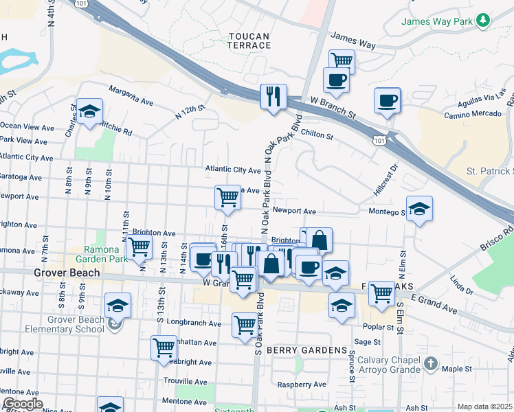map of restaurants, bars, coffee shops, grocery stores, and more near 1773 Newport Avenue in Grover Beach