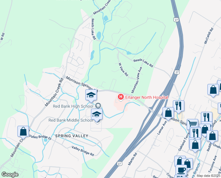 map of restaurants, bars, coffee shops, grocery stores, and more near 641 Morrison Springs Road in Chattanooga