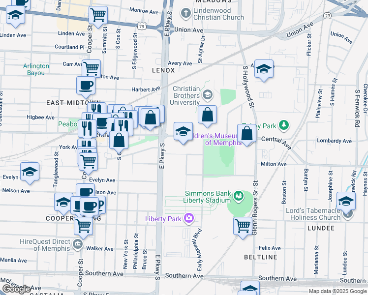map of restaurants, bars, coffee shops, grocery stores, and more near 750 East Parkway South in Memphis