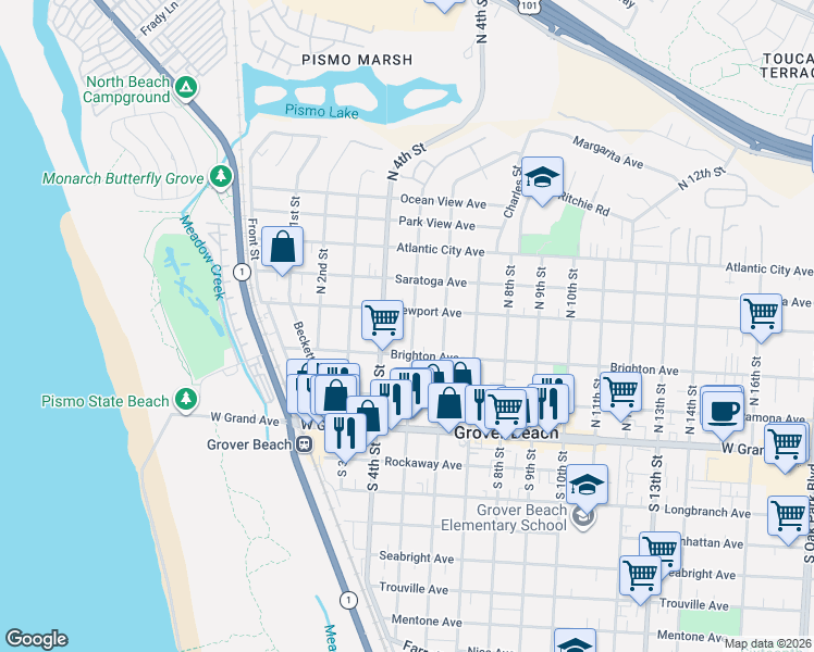 map of restaurants, bars, coffee shops, grocery stores, and more near 363 North 5th Street in Grover Beach