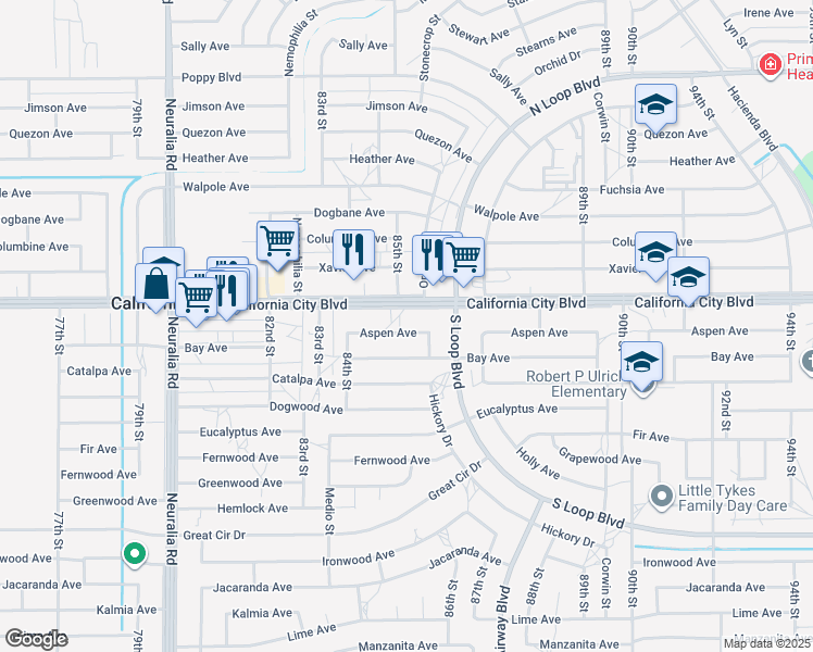 map of restaurants, bars, coffee shops, grocery stores, and more near 8525 Aspen Avenue in California City