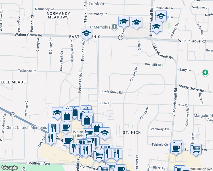map of restaurants, bars, coffee shops, grocery stores, and more near 4710 Gwynne Road in Memphis