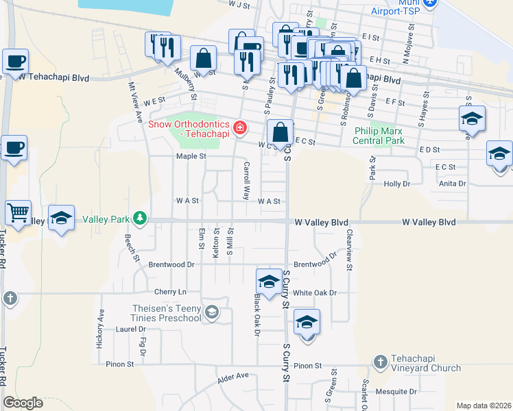 map of restaurants, bars, coffee shops, grocery stores, and more near 534 Carroll Way in Tehachapi