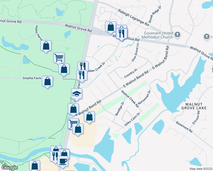 map of restaurants, bars, coffee shops, grocery stores, and more near 180 Walnut Bend Cove in Memphis