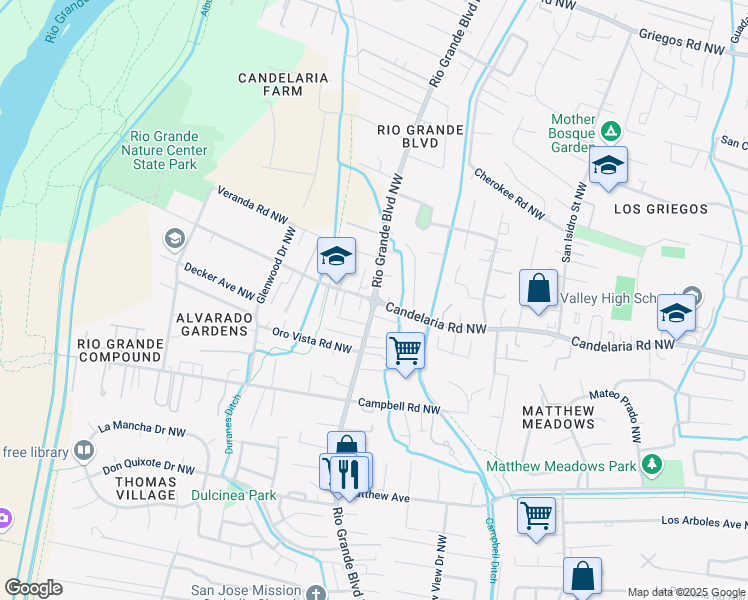 map of restaurants, bars, coffee shops, grocery stores, and more near Rio Grande Blvd NW & Candelaria Rd NW in Albuquerque