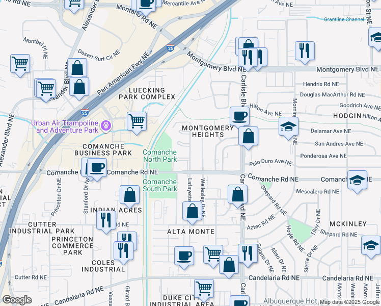 map of restaurants, bars, coffee shops, grocery stores, and more near 3916 Lafayette Drive Northeast in Albuquerque