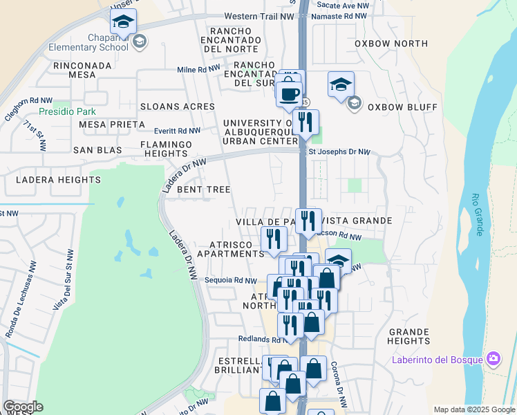 map of restaurants, bars, coffee shops, grocery stores, and more near 145 Cll Vadito Northwest in Albuquerque
