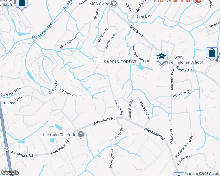 map of restaurants, bars, coffee shops, grocery stores, and more near 7429 Willow Creek Drive in Charlotte