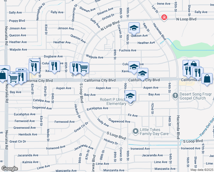 map of restaurants, bars, coffee shops, grocery stores, and more near 8835 Aspen Avenue in California City