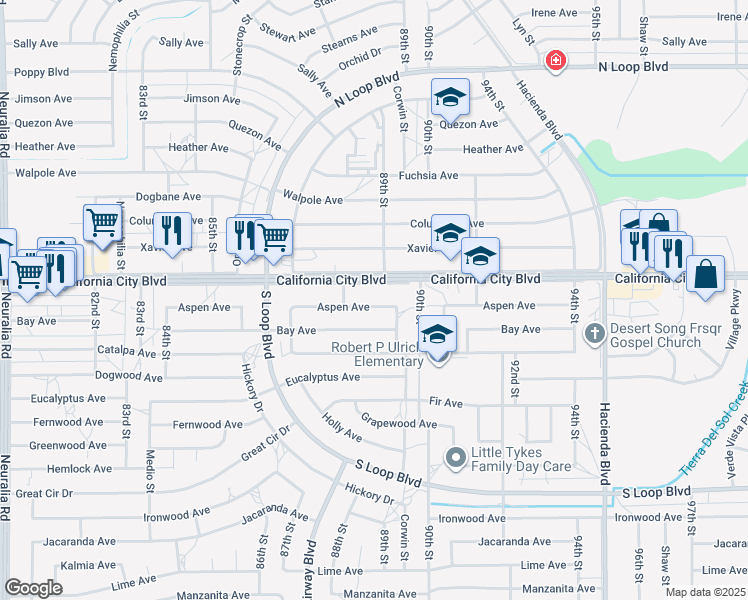 map of restaurants, bars, coffee shops, grocery stores, and more near 8871 Aspen Avenue in California City