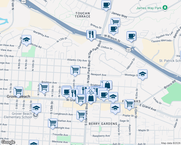 map of restaurants, bars, coffee shops, grocery stores, and more near 1813 Newport Avenue in Grover Beach
