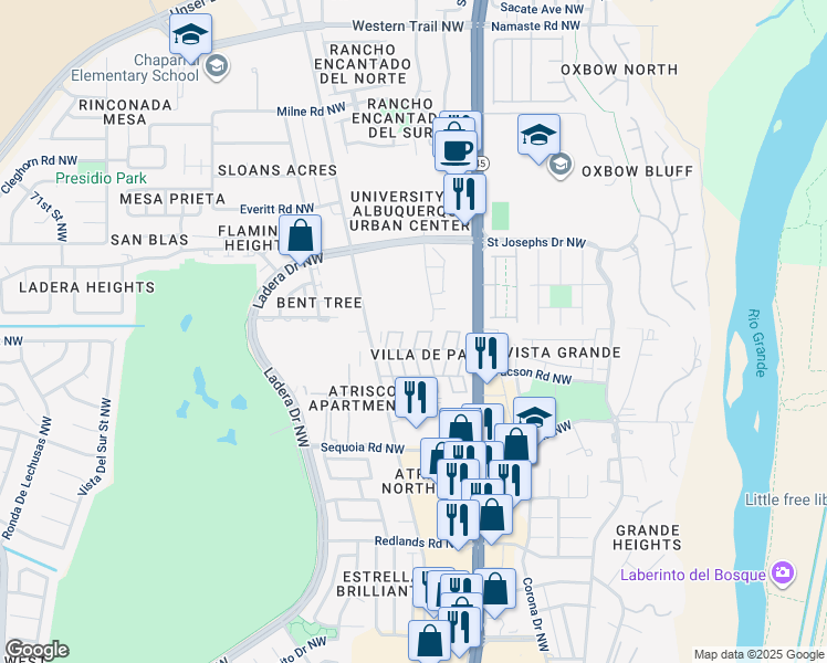 map of restaurants, bars, coffee shops, grocery stores, and more near 145 Cll Vadito Northwest in Albuquerque