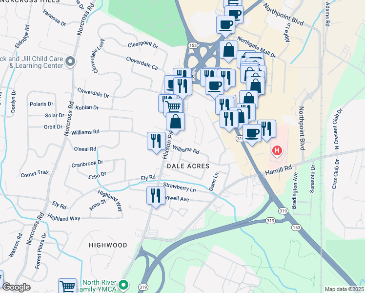 map of restaurants, bars, coffee shops, grocery stores, and more near 1609 Williams Road in Chattanooga