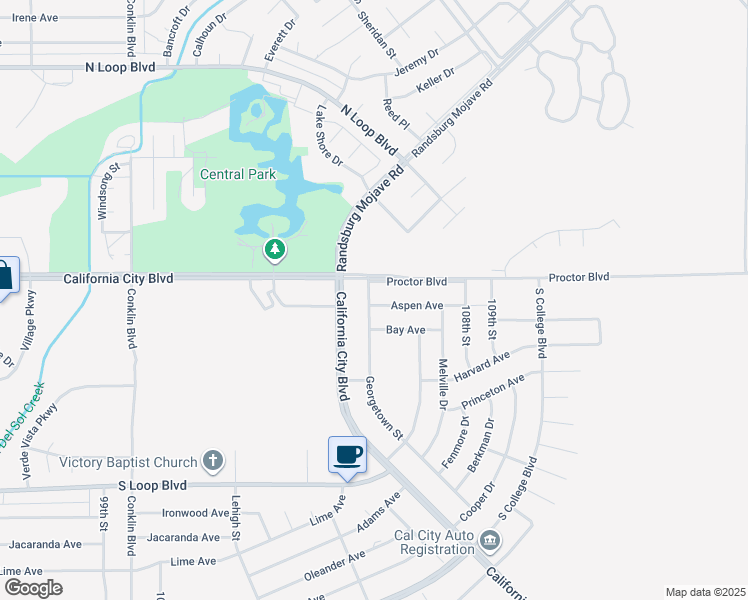 map of restaurants, bars, coffee shops, grocery stores, and more near 20925 Georgetown Street in California City
