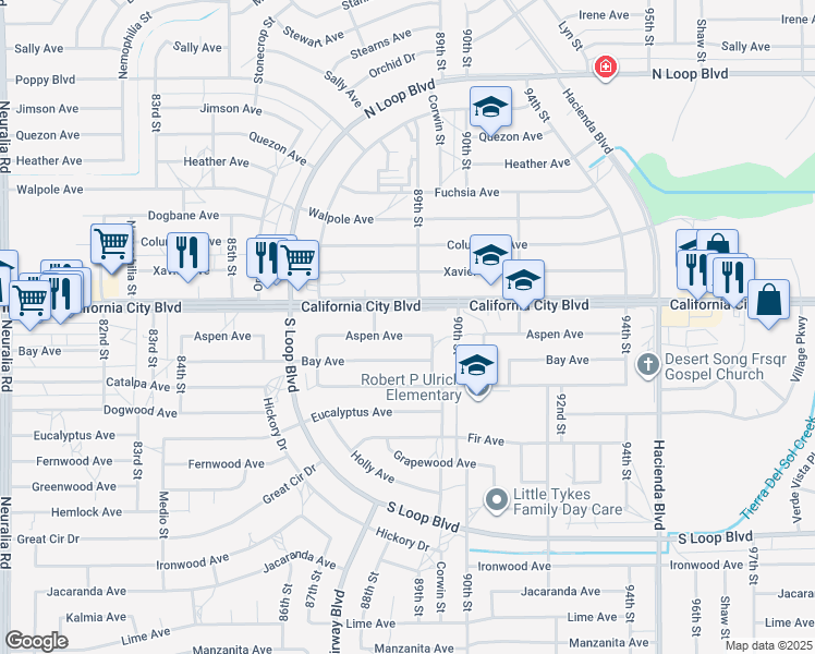 map of restaurants, bars, coffee shops, grocery stores, and more near 8871 Aspen Avenue in California City