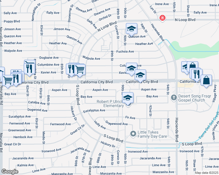 map of restaurants, bars, coffee shops, grocery stores, and more near 8871 Aspen Avenue in California City