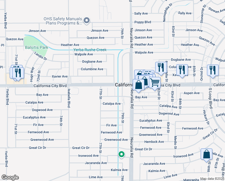 map of restaurants, bars, coffee shops, grocery stores, and more near 20933 Kenniston Street in California City