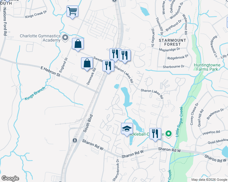 map of restaurants, bars, coffee shops, grocery stores, and more near 7915 Waterford Lakes Drive in Charlotte