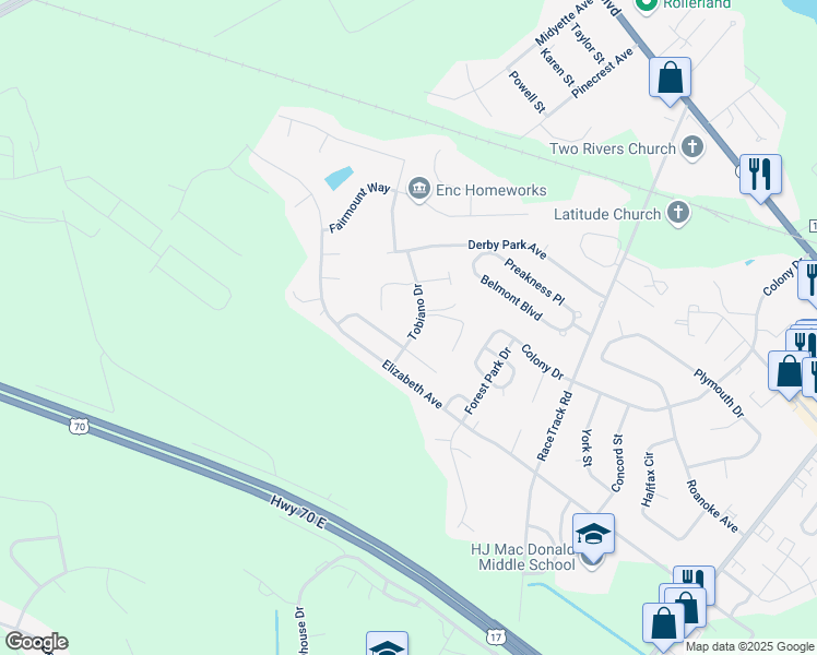 map of restaurants, bars, coffee shops, grocery stores, and more near 205 Tobiano Drive in New Bern