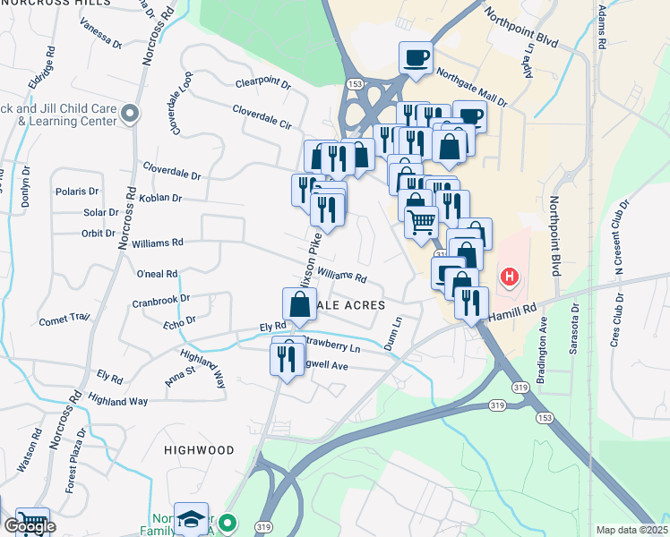 map of restaurants, bars, coffee shops, grocery stores, and more near 1609 Williams Road in Chattanooga