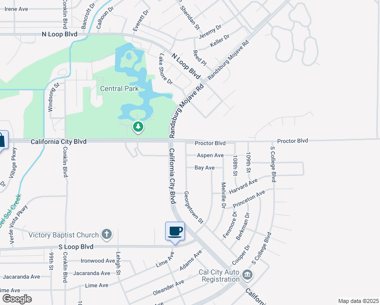 map of restaurants, bars, coffee shops, grocery stores, and more near 20925 Georgetown Street in California City