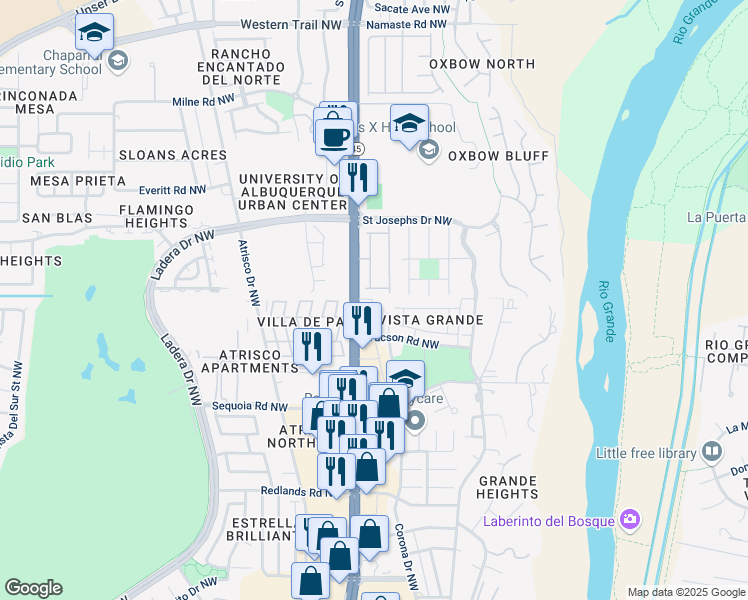 map of restaurants, bars, coffee shops, grocery stores, and more near 5315 Yucca Circle Northwest in Albuquerque