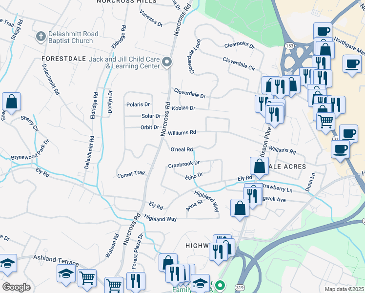 map of restaurants, bars, coffee shops, grocery stores, and more near 1415 O'neal Road in Chattanooga