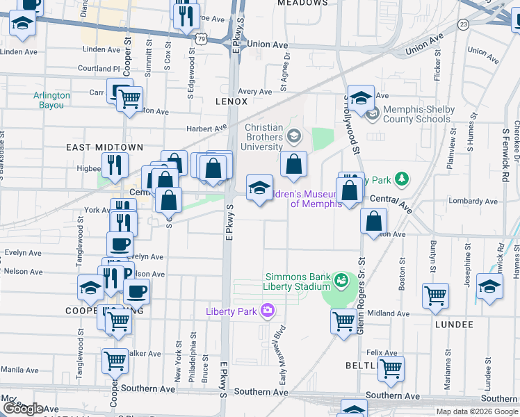 map of restaurants, bars, coffee shops, grocery stores, and more near 750 East Parkway South in Memphis