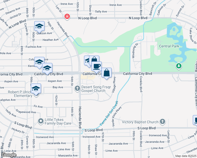 map of restaurants, bars, coffee shops, grocery stores, and more near Village Parkway in California City