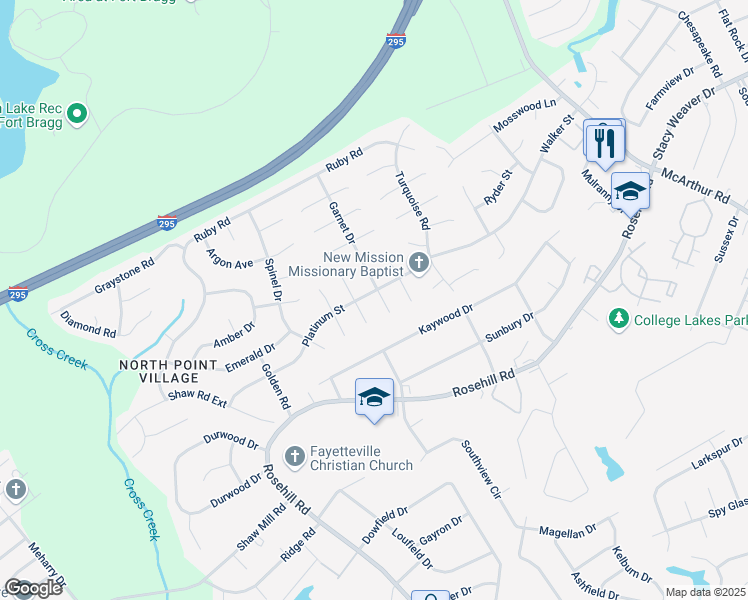 map of restaurants, bars, coffee shops, grocery stores, and more near 413 Platinum Street in Fayetteville