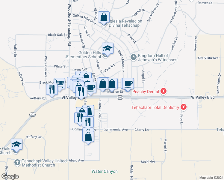 map of restaurants, bars, coffee shops, grocery stores, and more near 21043 Santa Barbara Drive in Tehachapi