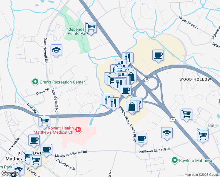 map of restaurants, bars, coffee shops, grocery stores, and more near 1811 Matthews Township Parkway in Matthews