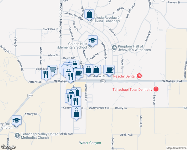 map of restaurants, bars, coffee shops, grocery stores, and more near 21051 Santa Barbara Drive in Tehachapi