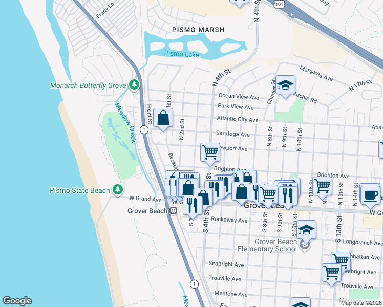 map of restaurants, bars, coffee shops, grocery stores, and more near 359 North 3rd Street in Grover Beach