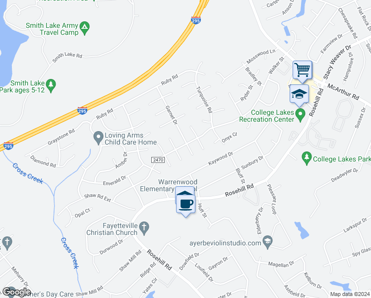 map of restaurants, bars, coffee shops, grocery stores, and more near 413 Platinum Street in Fayetteville