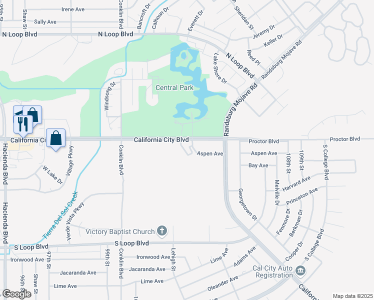 map of restaurants, bars, coffee shops, grocery stores, and more near 10386 California City Boulevard in California City