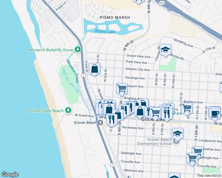 map of restaurants, bars, coffee shops, grocery stores, and more near 204 Newport Avenue in Grover Beach