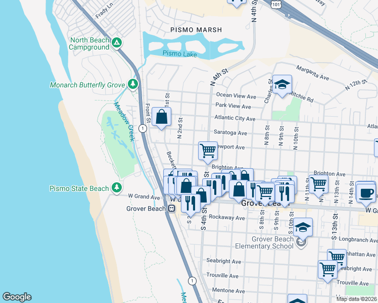 map of restaurants, bars, coffee shops, grocery stores, and more near 359 North 3rd Street in Grover Beach