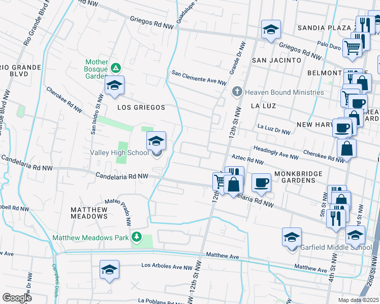 map of restaurants, bars, coffee shops, grocery stores, and more near 1408 Aztec Road Northwest in Albuquerque