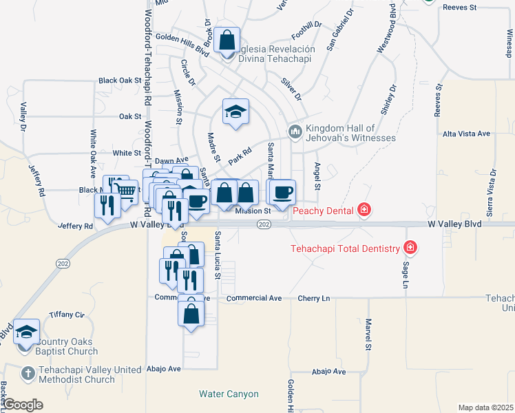 map of restaurants, bars, coffee shops, grocery stores, and more near 21036 Santa Barbara Drive in Tehachapi