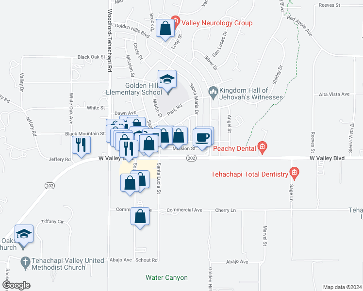 map of restaurants, bars, coffee shops, grocery stores, and more near 21036 Santa Barbara Drive in Tehachapi