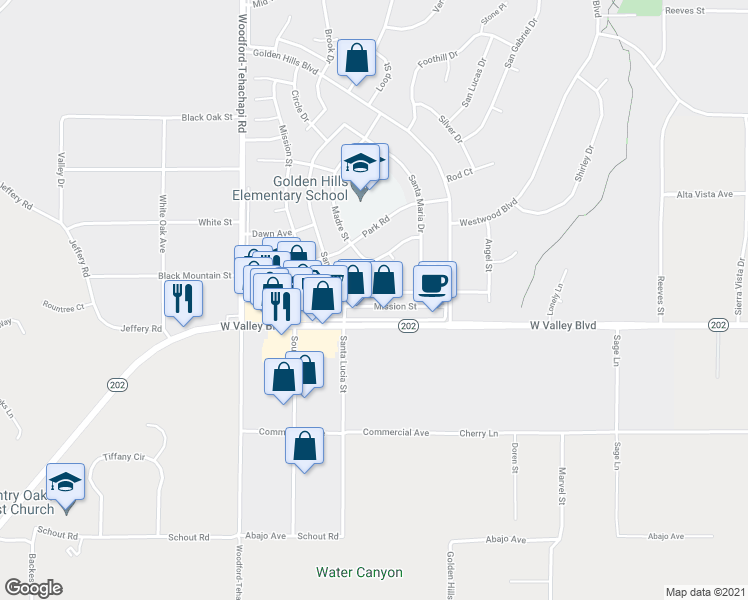 map of restaurants, bars, coffee shops, grocery stores, and more near 21059 Santa Barbara Drive in Tehachapi