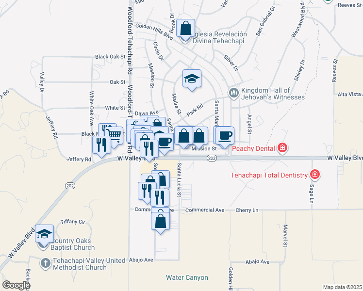 map of restaurants, bars, coffee shops, grocery stores, and more near 21101 Santa Barbara Drive in Tehachapi