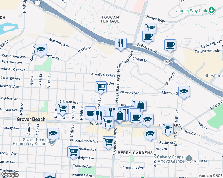 map of restaurants, bars, coffee shops, grocery stores, and more near 473 North Oak Park Boulevard in Grover Beach
