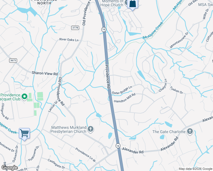 map of restaurants, bars, coffee shops, grocery stores, and more near 6215 Providence Road in Charlotte