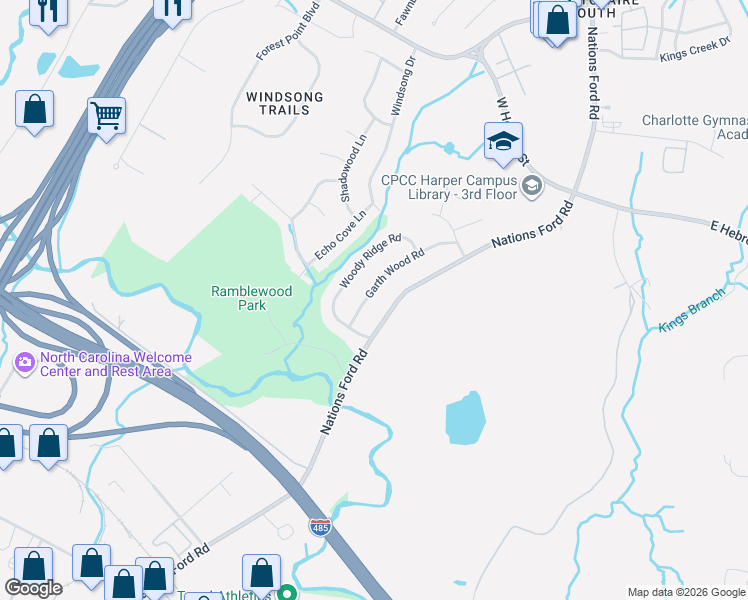 map of restaurants, bars, coffee shops, grocery stores, and more near 10003 Garth Wood Road in Charlotte