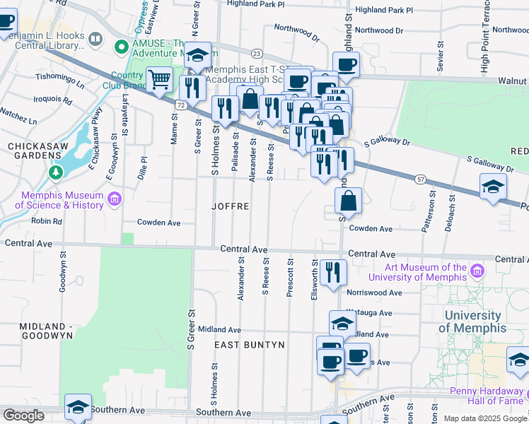 map of restaurants, bars, coffee shops, grocery stores, and more near 230 Alexander Street in Memphis